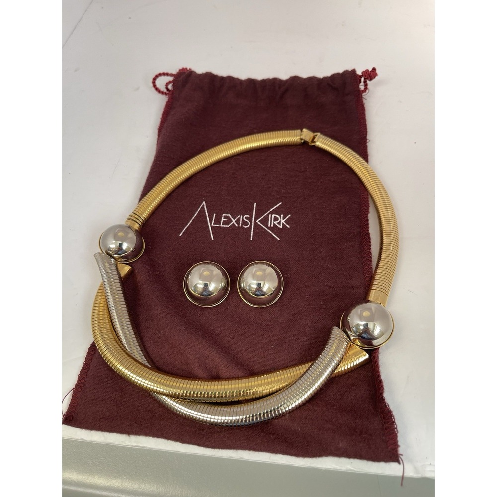 Alexis Kirk Statement Necklace And Clip On Earrings Gold And Silver Set W/Bag